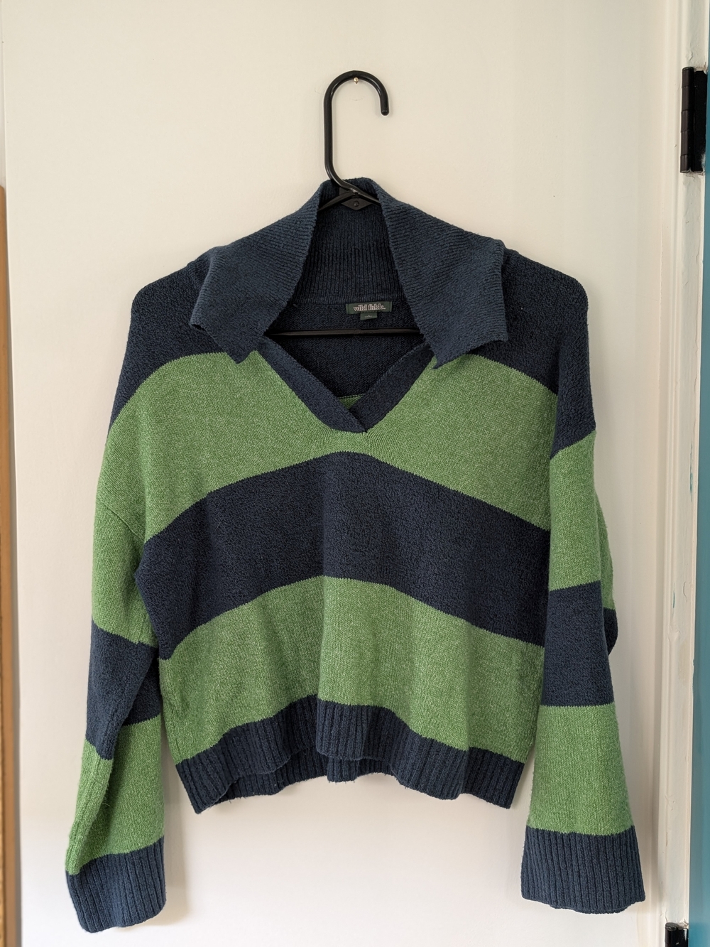 wild fable Navy and Green Striped Collared V-Neck Sweater